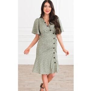 Mikarose Juniper Button Dress Short Flutter Sleeves Green Floral Sz S Peasant
